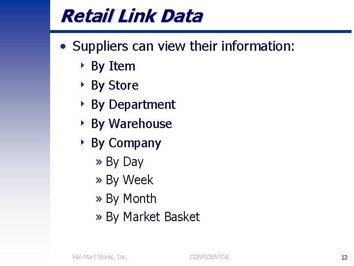Retail Link Data • Suppliers can view their information: 4 By Item 4 By