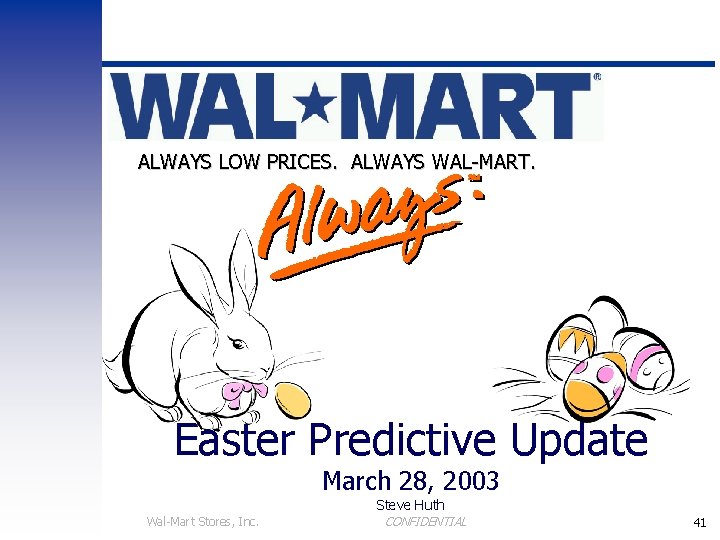 ALWAYS LOW PRICES. ALWAYS WAL-MART. Easter Predictive Update March 28, 2003 Steve Huth Wal-Mart