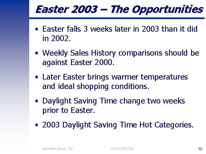Easter 2003 – The Opportunities • Easter falls 3 weeks later in 2003 than