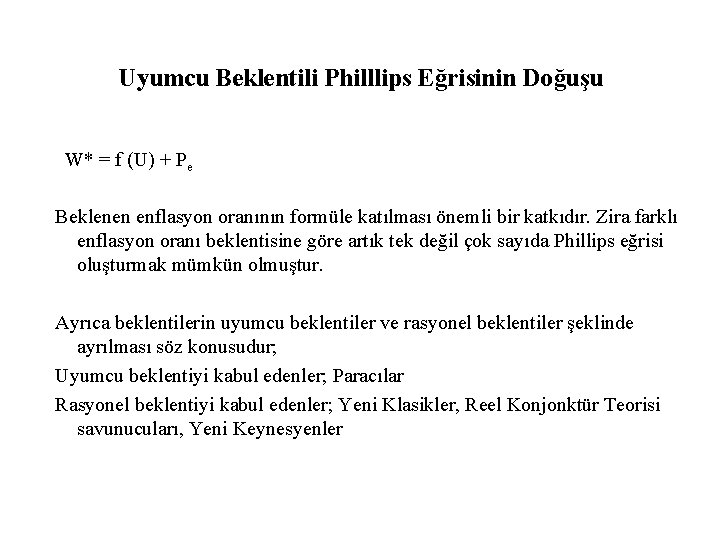 Uyumcu Beklentili Philllips Eğrisinin Doğuşu W* = f (U) + Pe Beklenen enflasyon oranının