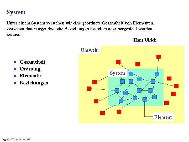 System Unter einem System verstehen wir eine geordnete Gesamtheit von Elementen, zwischen denen irgendwelche