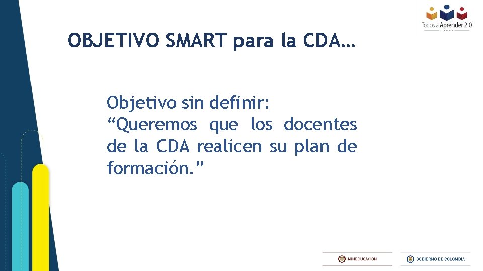 EJEEJEMPLO… Un OBJETIVO SMART para la CDA Objetivo sin definir: “Queremos que los docentes