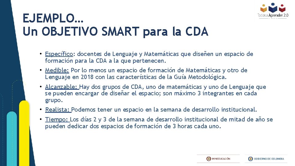 EJEEJEMPLO… Un OBJETIVO SMART para la CDA • Específico: docentes de Lenguaje y Matemáticas