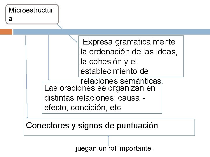 Microestructur a Expresa gramaticalmente la ordenación de las ideas, la cohesión y el establecimiento