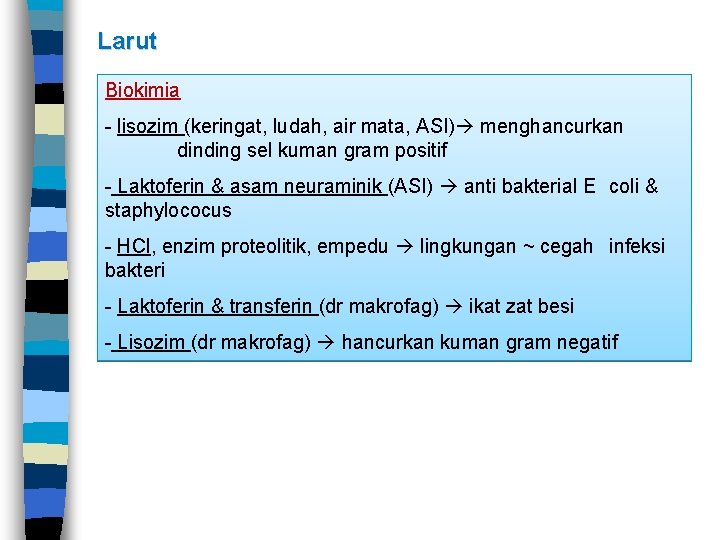 Larut Biokimia - lisozim (keringat, ludah, air mata, ASI) menghancurkan dinding sel kuman gram