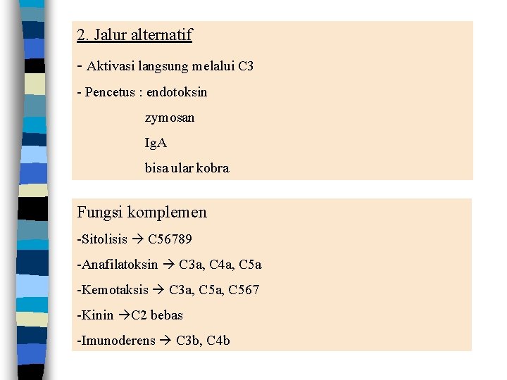 2. Jalur alternatif - Aktivasi langsung melalui C 3 - Pencetus : endotoksin zymosan