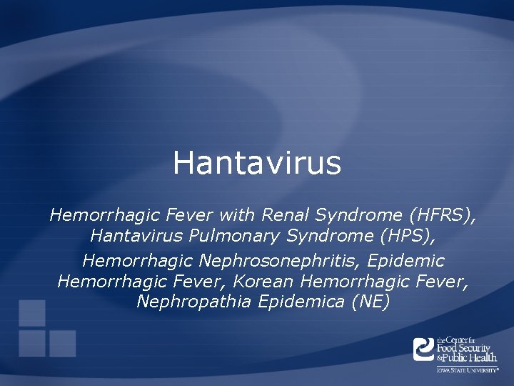 Hantavirus Hemorrhagic Fever with Renal Syndrome (HFRS), Hantavirus Pulmonary Syndrome (HPS), Hemorrhagic Nephrosonephritis, Epidemic