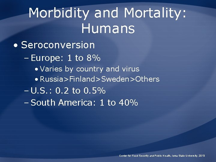 Morbidity and Mortality: Humans • Seroconversion – Europe: 1 to 8% • Varies by