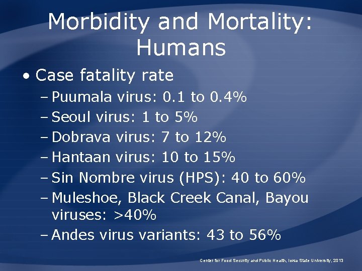 Morbidity and Mortality: Humans • Case fatality rate – Puumala virus: 0. 1 to