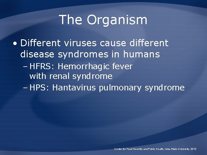 The Organism • Different viruses cause different disease syndromes in humans – HFRS: Hemorrhagic