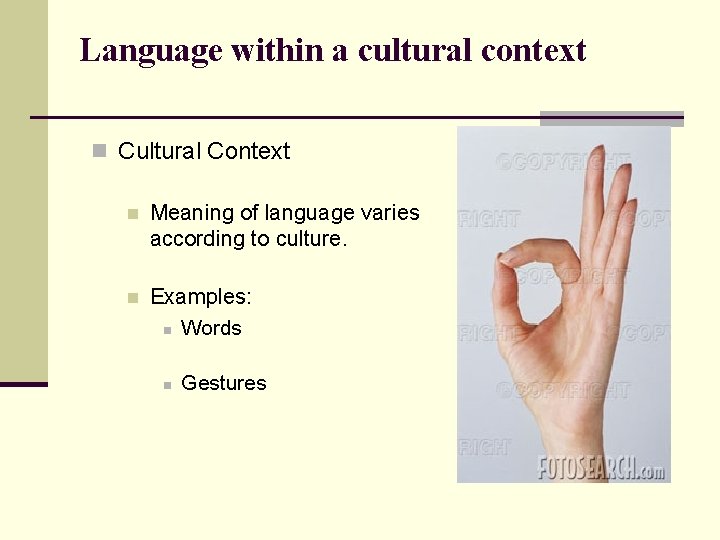 Language within a cultural context n Cultural Context n Meaning of language varies according