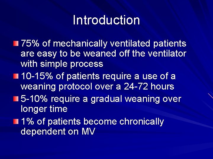 Introduction 75% of mechanically ventilated patients are easy to be weaned off the ventilator