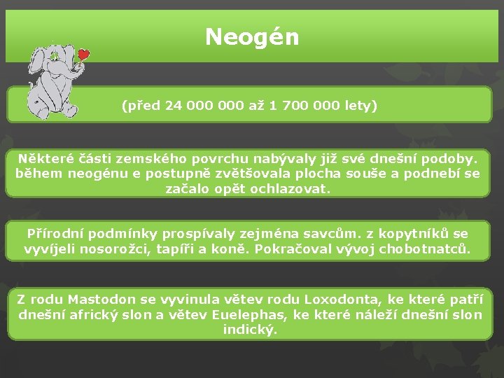 Neogén (před 24 000 až 1 700 000 lety) Některé části zemského povrchu nabývaly