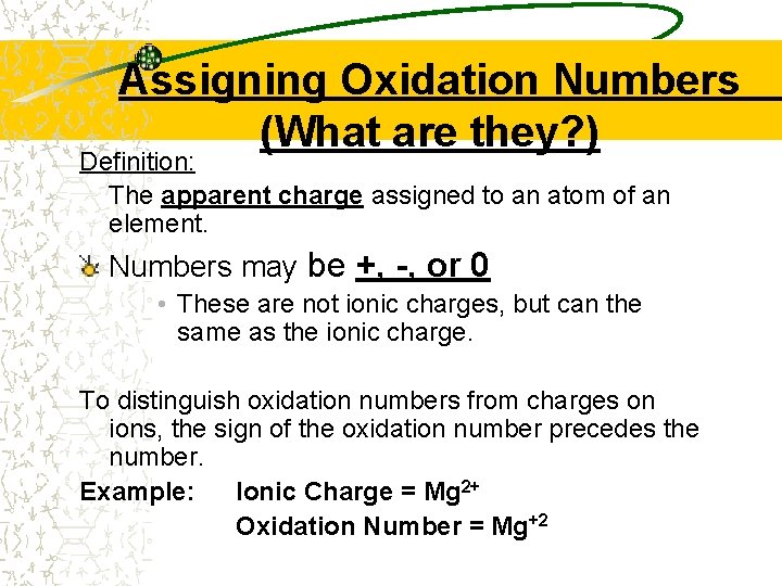 Assigning Oxidation Numbers (What are they? ) Definition: The apparent charge assigned to an