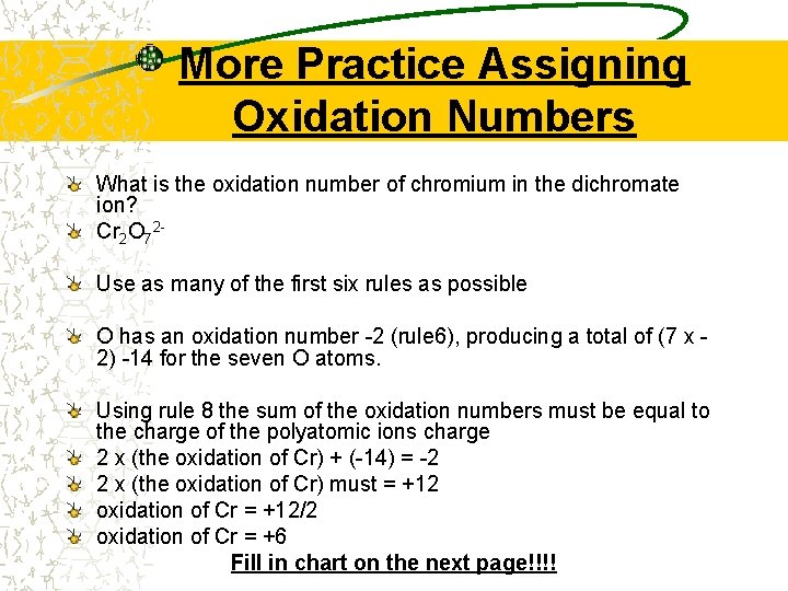 More Practice Assigning Oxidation Numbers What is the oxidation number of chromium in the