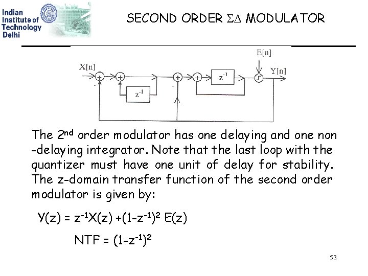 SECOND ORDER MODULATOR The 2 nd order modulator has one delaying and one non