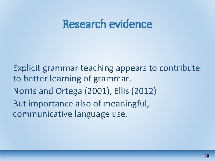 Research evidence Explicit grammar teaching appears to contribute to better learning of grammar. Norris