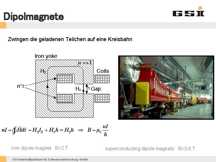 Dipolmagnete Zwingen die geladenen Teilchen auf eine Kreisbahn Iron dipole magnet: B<2 T GSI