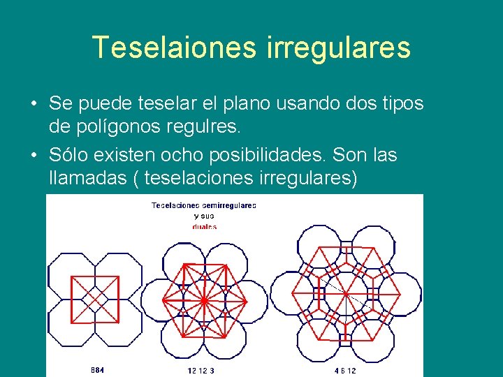 Teselaiones irregulares • Se puede teselar el plano usando dos tipos de polígonos regulres.