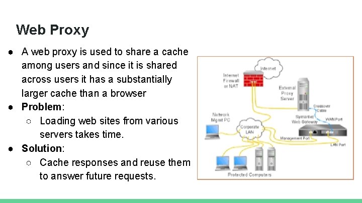 Web Proxy ● A web proxy is used to share a cache among users