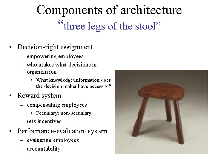 Components of architecture “three legs of the stool” • Decision-right assignment – empowering employees