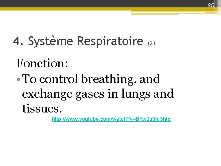 25 4. Système Respiratoire (2) Fonction: • To control breathing, and exchange gases in