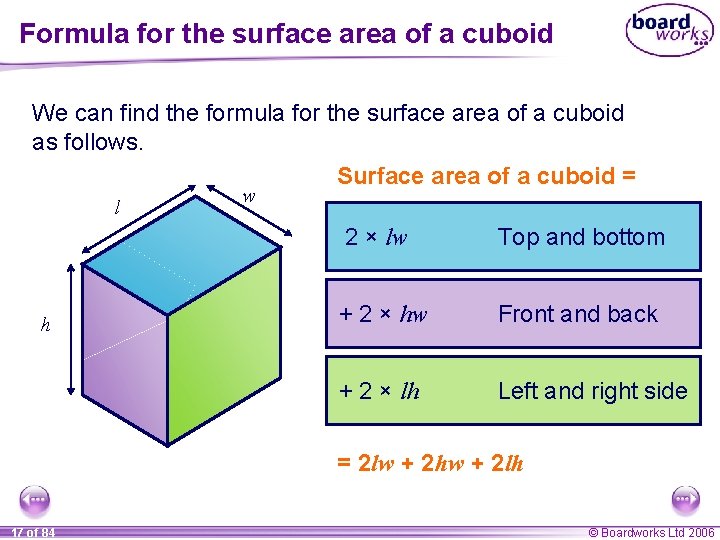 Formula for the surface area of a cuboid We can find the formula for