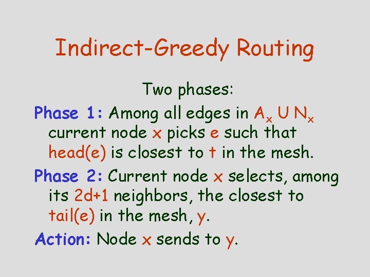 Indirect-Greedy Routing Two phases: Phase 1: Among all edges in Ax U Nx current