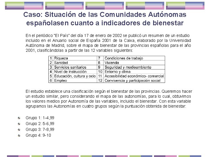 Caso: Situación de las Comunidades Autónomas españolasen cuanto a indicadores de bienestar En el