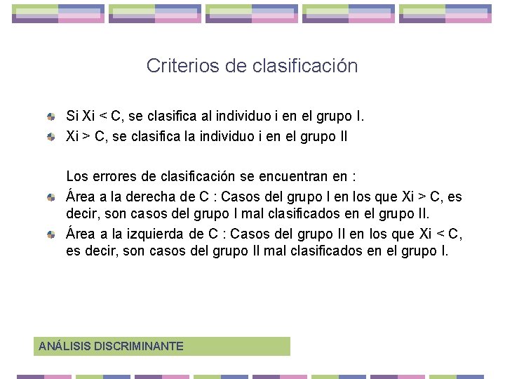 Criterios de clasificación Si Xi < C, se clasifica al individuo i en el