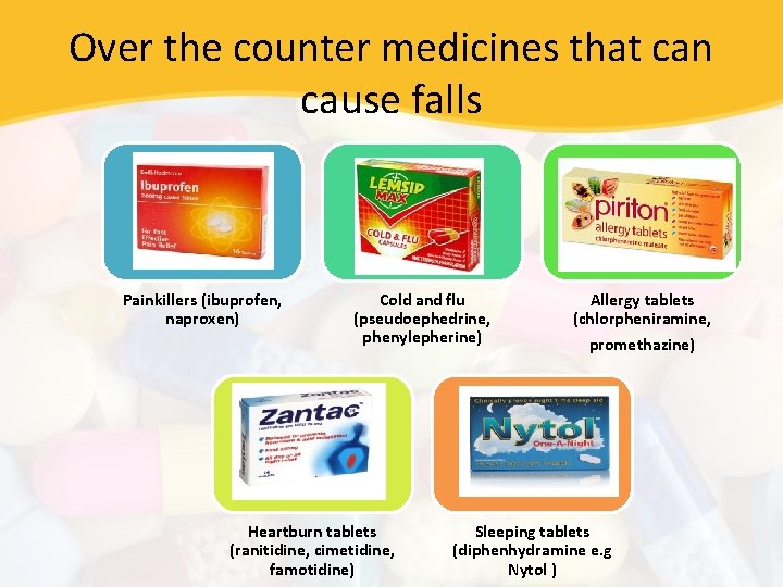 Over the counter medicines that can cause falls Painkillers (ibuprofen, naproxen) Cold and flu