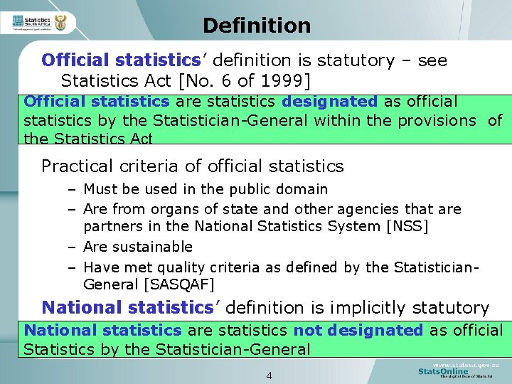 Definition Official statistics’ definition is statutory – see Statistics Act [No. 6 of 1999]