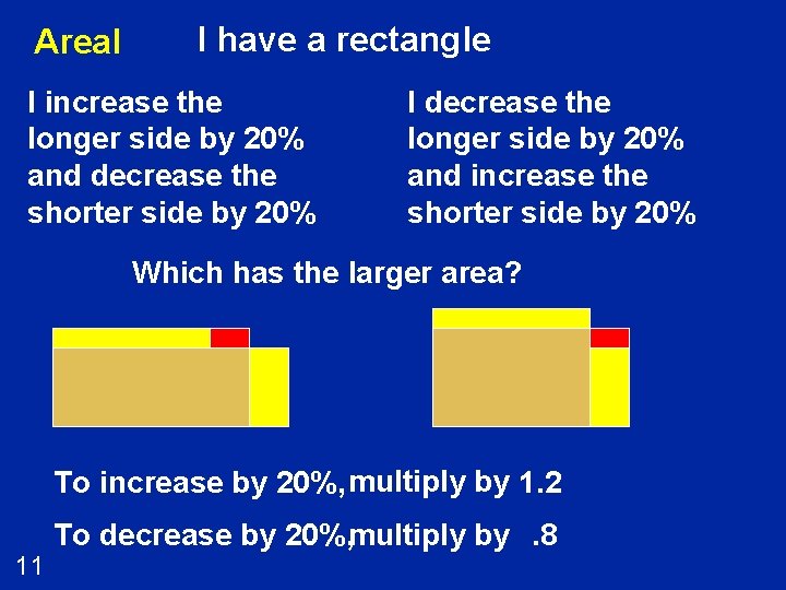 Areal I have a rectangle I increase the longer side by 20% and decrease