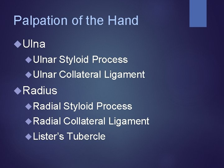 Palpation of the Hand Ulnar Styloid Process Ulnar Collateral Ligament Radius Radial Styloid Process Palpation of the Hand Ulnar Styloid Process Ulnar Collateral Ligament Radius Radial Styloid Process