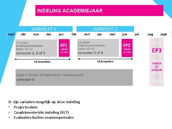 INDELING ACADEMIEJAAR Er zijn variaties mogelijk op deze indeling • Projectweken • Quadrimesteriële indeling INDELING ACADEMIEJAAR Er zijn variaties mogelijk op deze indeling • Projectweken • Quadrimesteriële indeling