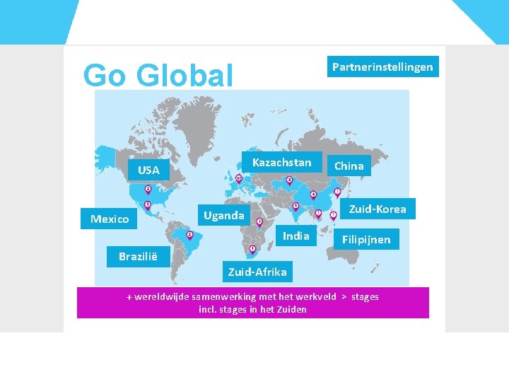 Go Global Kazachstan USA Mexico Partnerinstellingen Zuid-Korea Uganda India Brazilië China Filipijnen Zuid-Afrika + Go Global Kazachstan USA Mexico Partnerinstellingen Zuid-Korea Uganda India Brazilië China Filipijnen Zuid-Afrika +