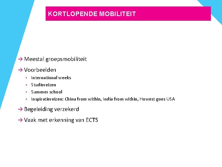 KORTLOPENDE MOBILITEIT → Meestal groepsmobiliteit → Voorbeelden • • International weeks Studiereizen Summer school KORTLOPENDE MOBILITEIT → Meestal groepsmobiliteit → Voorbeelden • • International weeks Studiereizen Summer school