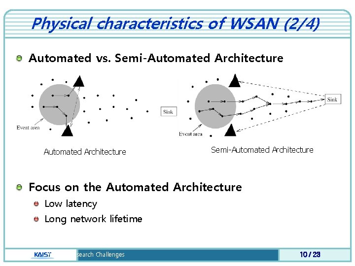 Physical characteristics of WSAN (2/4) Automated vs. Semi-Automated Architecture Focus on the Automated Architecture
