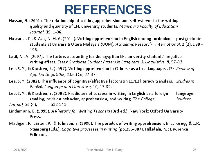 REFERENCES Hassan, B. (2001). The relationship of writing apprehension and self-esteem to the writing