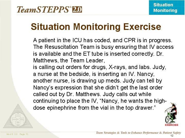 Situation Monitoring Exercise A patient in the ICU has coded, and CPR is in