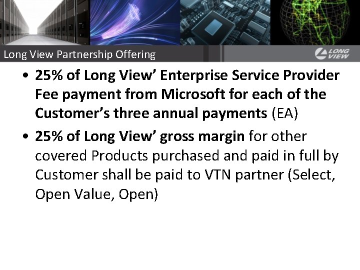 Long View Partnership Offering • 25% of Long View’ Enterprise Service Provider Fee payment Long View Partnership Offering • 25% of Long View’ Enterprise Service Provider Fee payment