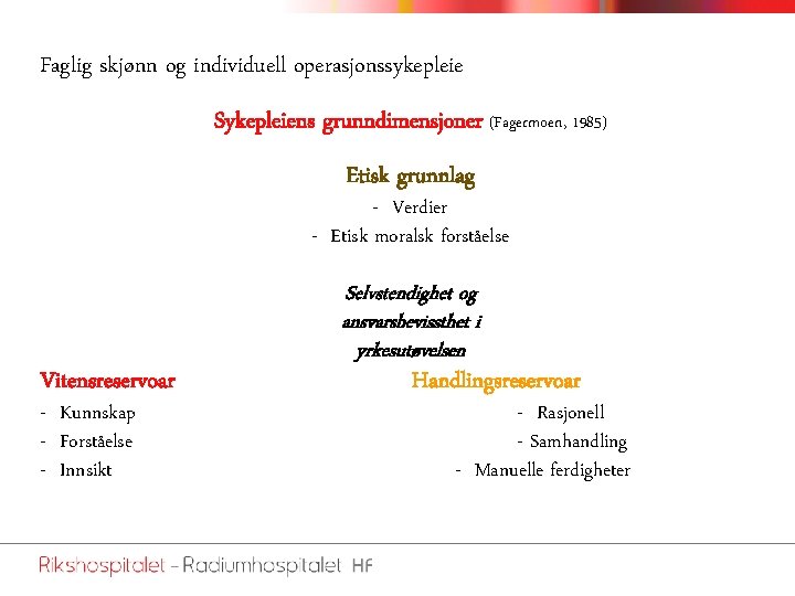 Faglig skjønn og individuell operasjonssykepleie Sykepleiens grunndimensjoner (Fagermoen, 1985) Etisk grunnlag - Verdier -