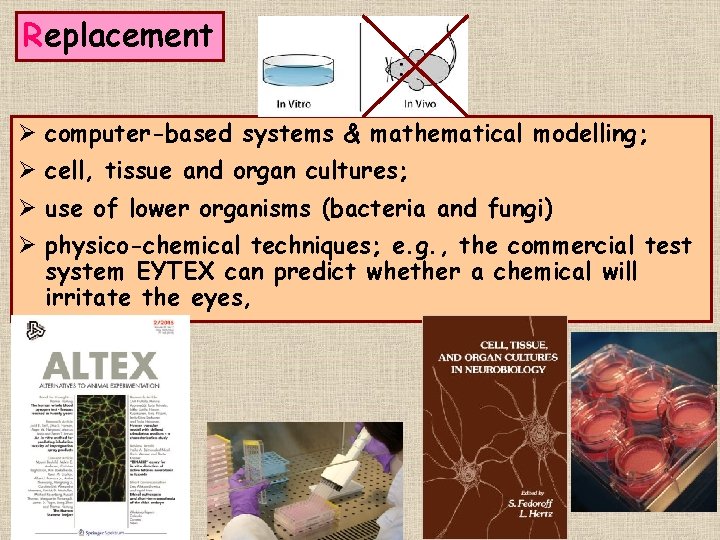 Replacement Ø computer-based systems & mathematical modelling; Ø cell, tissue and organ cultures; Ø