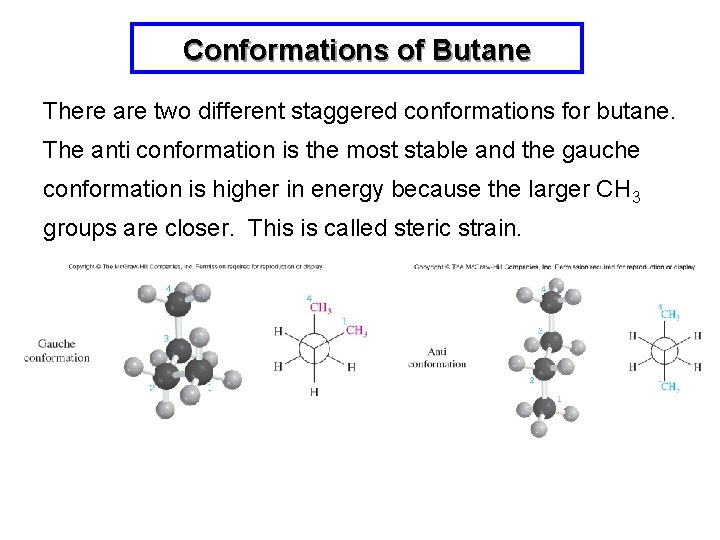 Conformations of Butane There are two different staggered conformations for butane. The anti conformation