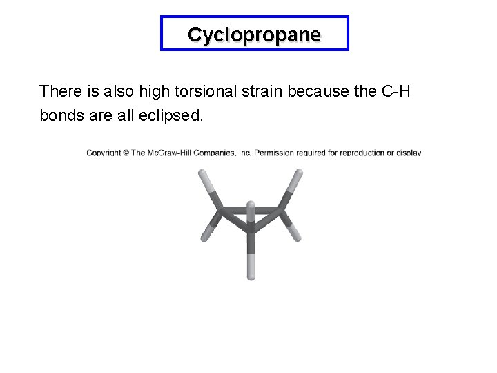 Cyclopropane There is also high torsional strain because the C-H bonds are all eclipsed.