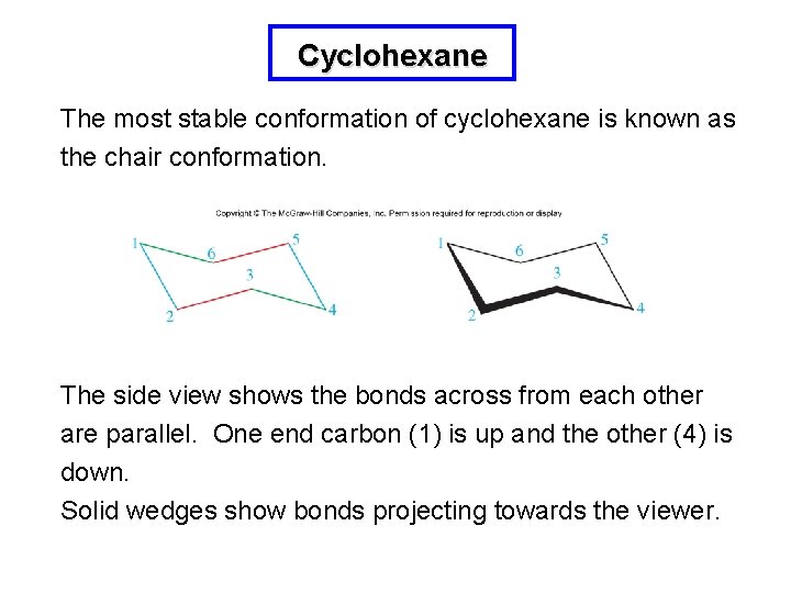 Cyclohexane The most stable conformation of cyclohexane is known as the chair conformation. The