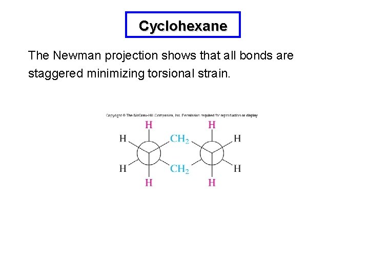Cyclohexane The Newman projection shows that all bonds are staggered minimizing torsional strain. 