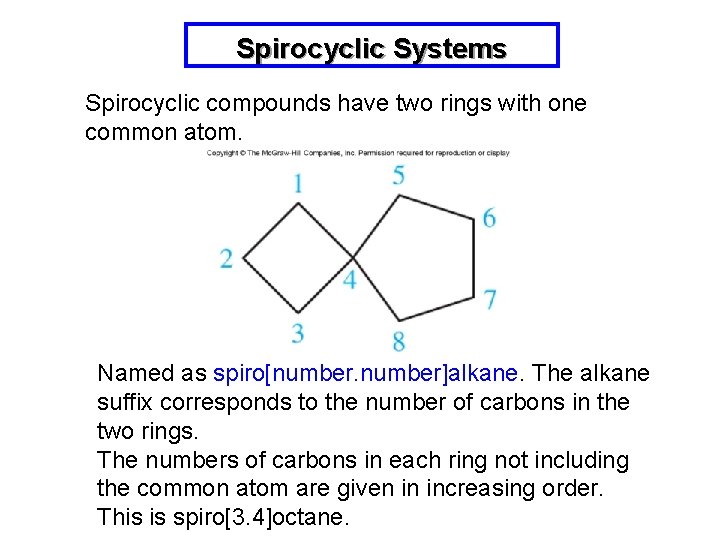 Spirocyclic Systems Spirocyclic compounds have two rings with one common atom. Named as spiro[number]alkane.