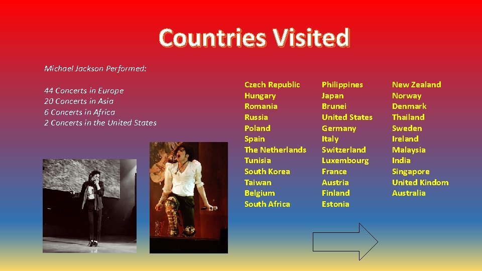 Countries Visited Michael Jackson Performed: 44 Concerts in Europe 20 Concerts in Asia 6