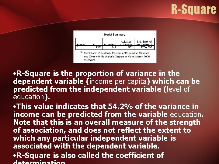 R-Square • R-Square is the proportion of variance in the dependent variable (income per